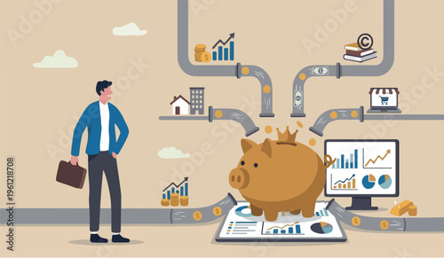 Multiple streams how good go we for to in the data analysis ncome, passive income or revenue from invest in multi assets, side hustles to make money concept, rich businessman standing with multi cash