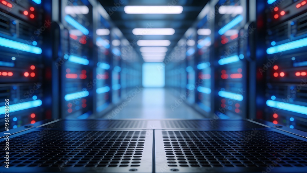 Fototapeta premium Glowing Server Room with Blue and Red Lights, Data Center Corridor Perspective