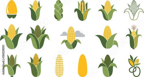 Corn Cob and Maize Plant Icons Vector Set with Different Growth Stages, Agricultural Elements and Organic Farming Illustration Collection