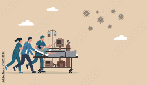 Emergency case for Coronavirus critical patient concept, doctor medical team riding bed critical Coronavirus COVID-19 pneumonia patient emergency room extra treatment, virus pathogen