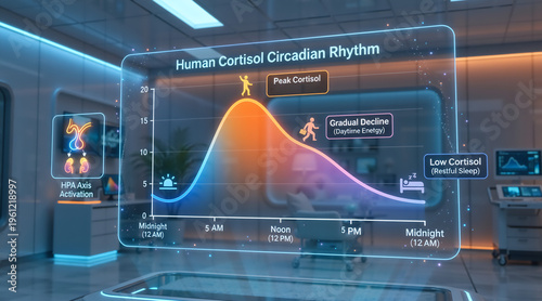 Futuristic 3D holographic display of a Human Cortisol Circadian Rhythm chart in a modern medical laboratory. Digital graph showing daily hormone cycle and HPA axis activation
