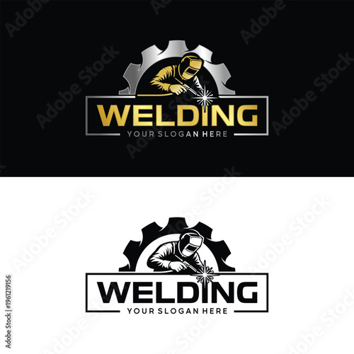 Welding Worker Gear Logo Emblem, Industrial Metal Fabrication Workshop Badge Design