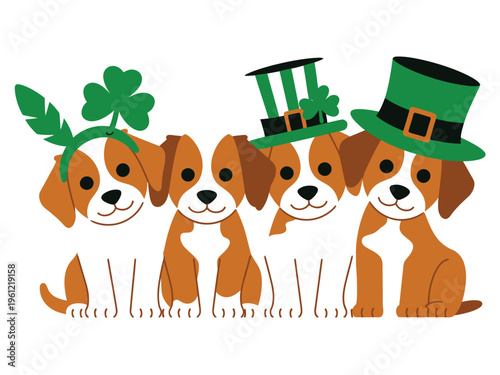 Four cute puppies wearing festive green headwear celebrate the Irish holiday happily.