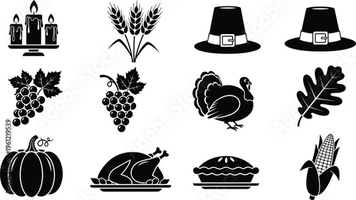 Collection of black Thanksgiving icons featuring turkey pumpkin pilgrim hat roast chicken grapes corn wheat pie and candles in silhouette on white background vector