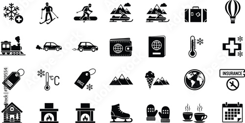 Large collection of winter travel icons featuring skiing snowboarding mountain resorts snowmobiles luggage passports and cold weather activities in black silhouette on white background