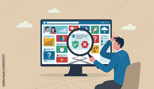 Fake news or false information spreading website and social media, screening verify truth before sharing believe or concept, man magnifying glass verify is fake news website computer.