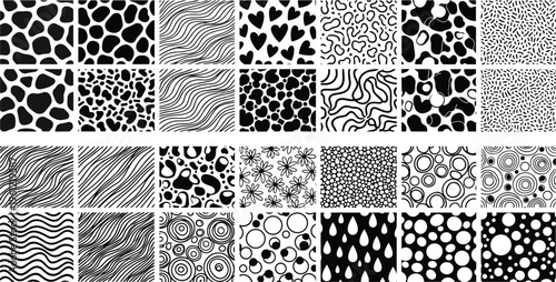 Large set of abstract black and white seamless patterns featuring organic spots hand drawn wavy lines minimalist textures and floral shapes on white background