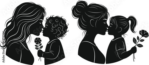 Mother and child silhouette, touching noses, flower symbol, love bond, family care, parenting affection, emotional connection, flat vector illustration