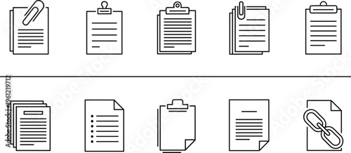 Document and clipboard line icons set with paper, file, attachment and report symbols isolated on white background for office, business and paperwork concepts
