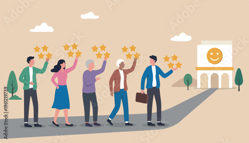 Customer loyalty, consumer an satisfaction giving 5 stars rating feedback, best user experience trust service again concept, various customer or people giving 5 stars review for in quality service