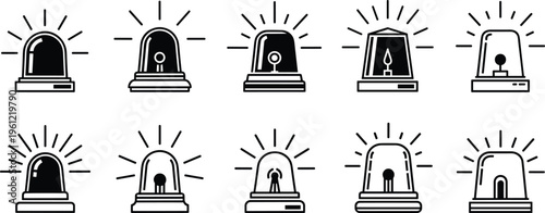 Emergency siren and alarm light icons set with warning beacon, police light, alert signal and notification symbols isolated on white background for safety concepts