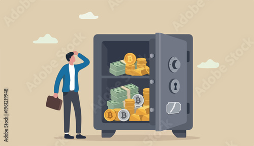 Alternative financial assets, crypto currency bitcoin, cash gold or investment retirement plan concept, businessman investor standing with security safe with full cash, gold bitcoin inside