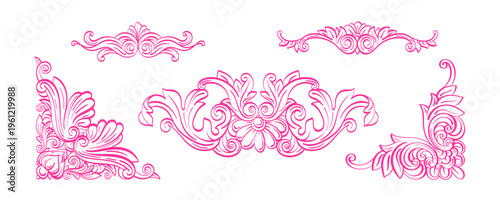 Ornate vintage corner ornaments featuring baroque scrollwork and rococo flourishes. Elegant decorative border with filigree details for classic wedding design and antique style graphic. Vector sketch