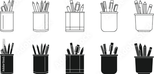 Pencil holder and stationery container icons set with pens, pencils and office supplies isolated on white background for school, desk and workspace concepts