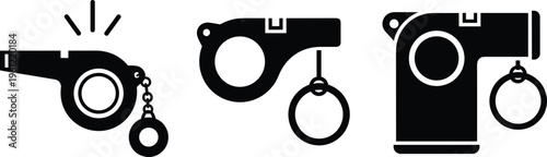 Police whistle icons set with emergency signal whistle, referee whistle and safety alert symbol isolated on white background for security, sport and warning concepts