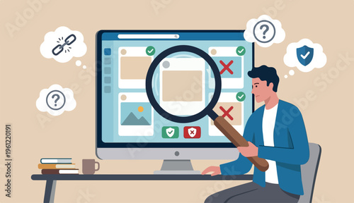 Fake news or false information spreading website and social media, screening verify truth before to sharing or believe concept, man with magnifying glass verify fake news website on computer.