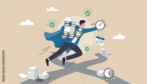 Handle busy work, manage workload complete multitasks deadline organize paperwork documents, effective productive concept, businessman superhero carry to paperwork documents