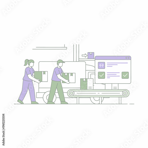 Warehouse workers loading boxes onto conveyor belt system.