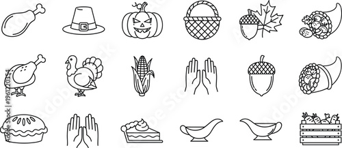 Thanksgiving icons set with turkey, pumpkin, pilgrim hat, pie, corn, gravy boat and autumn symbols isolated on white background for holiday, harvest and celebration design concepts