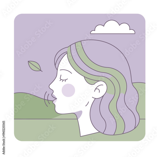 Woman breathing deeply in nature illustration.