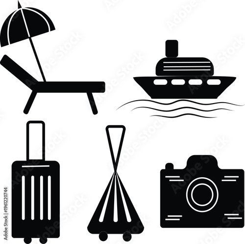 Set of minimalist black travel icons on a plain white background featuring a beach lounge chair with sun umbrella, a cruise ship sailing on ocean waves, rolling luggage, a portable gear bag, and a dig