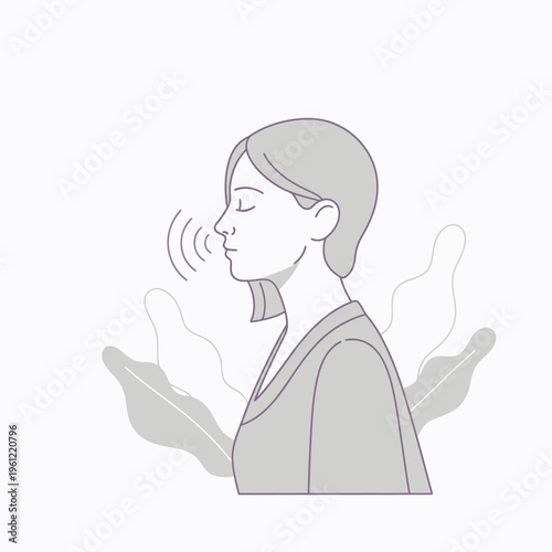 Woman exhaling sound waves from her mouth.