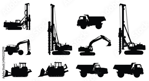 Construction machinery collection in black including drilling rigs and dump trucks silhouette