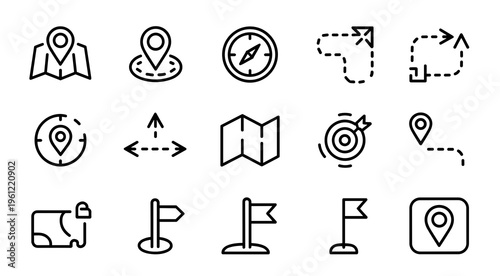 Minimal Navigation Line Icons Set – Map, Location, and Direction UI Symbols