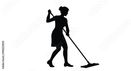 Woman cleaning a floor with a mop depicted as a dark silhouette