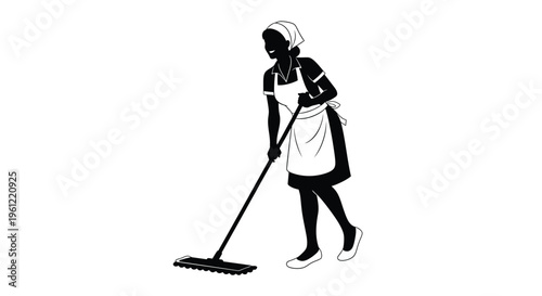 A black silhouette of a woman cleaning with a mop and apron silhouette