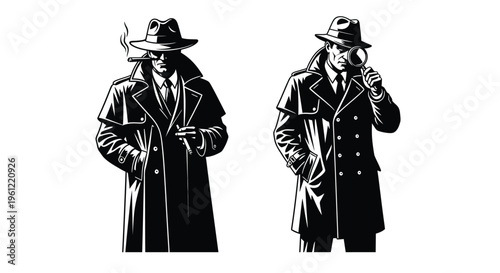 Two detectives in trench coats one smoking the other investigating silhouette