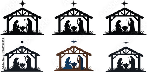 Nativity Scene Silhouette Set Featuring Mary Joseph And Baby Jesus In Stable, Christmas Religious Holiday Icons, Flat Vector Isolated