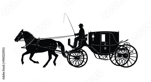 Vintage horse drawn carriage with a driver depicted in black silhouette