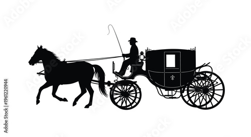 Elegant horse drawn carriage with driver depicted in a striking black silhouette