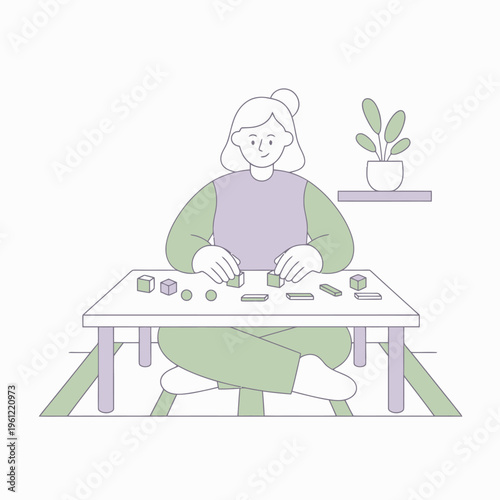 Woman focused on assembling puzzle pieces on a table.