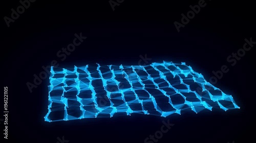 Blue wave of particles and lines. Big data visualization. Abstract background with a dynamic wave. 3d rendering.