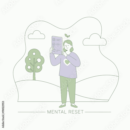 Woman holding a tablet device for mental reset.