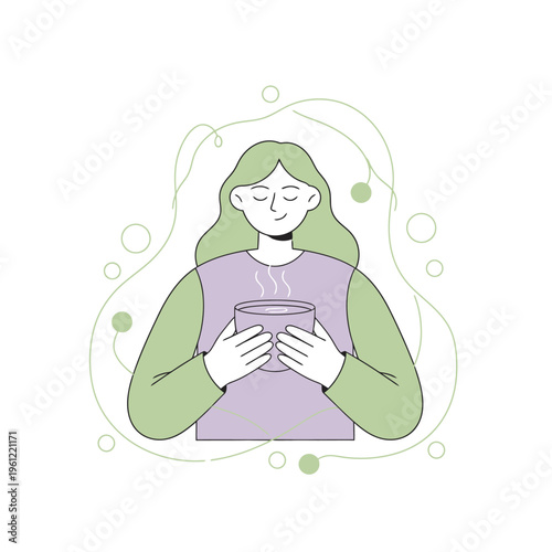 Woman holding a warm cup of tea or coffee.