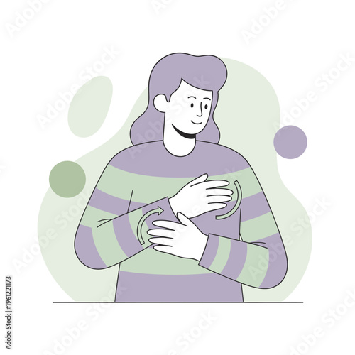 Woman holding chest in pain or discomfort illustration.