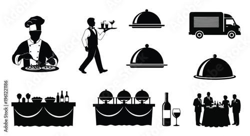 Restaurant icons including a chef waiter and food service silhouette