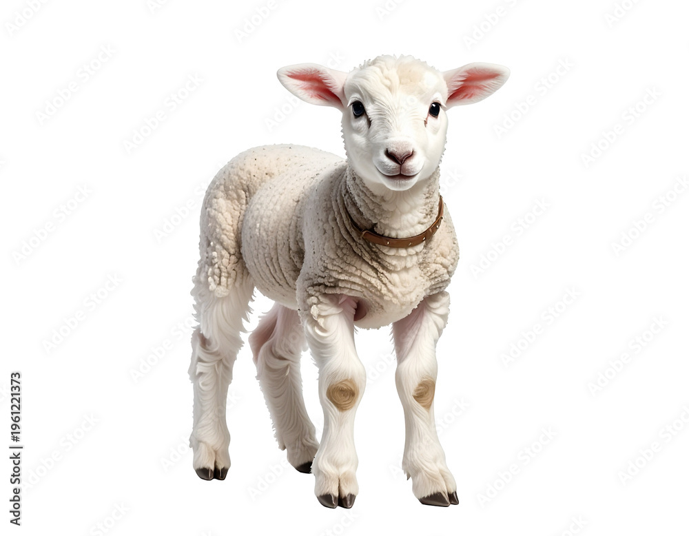 Fototapeta premium Young lamb standing with curious gaze, white fluffy wool and brown collar