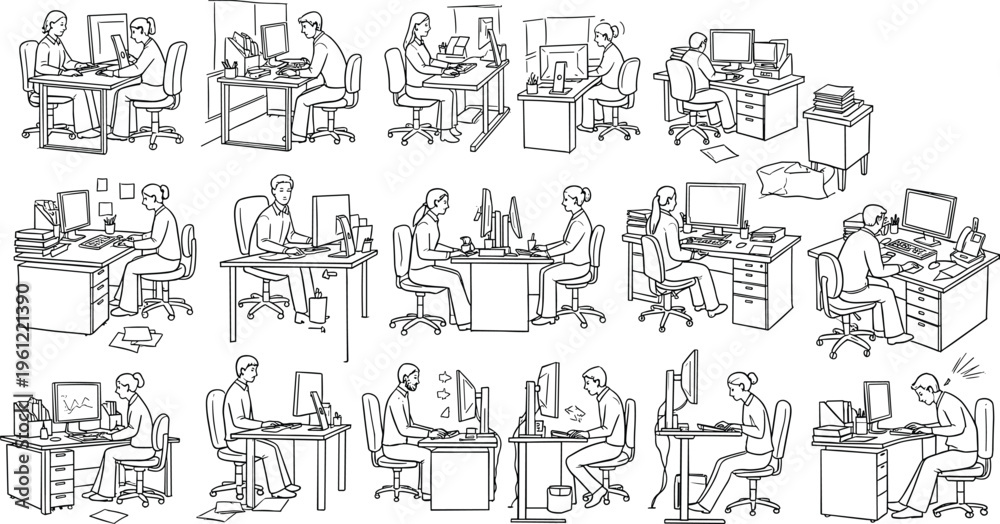 Obraz premium Office workers at desks, workplace culture illustration, business communication concept, productivity ergonomics design, teamwork collaboration environment, flat vector illustration