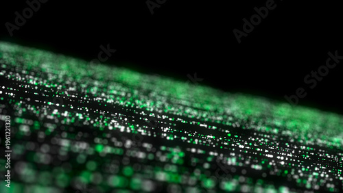 Futuristic green dots background. Abstract glitch background. Corrupted binary code. Technology of many glowing particles. Artificial intelligence. Big data visualization. 3d rendering.