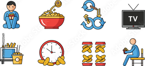 Binge Eating and Unhealthy Snacking Icon Set with Fast Food Consumption TV Watching Overeating Behavior and Time Habit Patterns for Health Awareness Design
