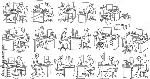 Office workers at desks, workplace culture illustration, business communication concept, productivity ergonomics design, teamwork collaboration environment, flat vector illustration