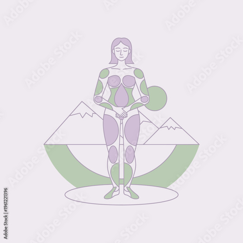 Woman in meditative pose with body map overlay.