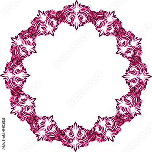 Ornate Concentric Circular Frame with Purple Filigree Scrollwork and Green Botanical Leaf Wreath