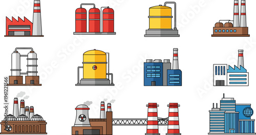 Flat Industrial Factory and Power Plant Icons Vector Set with Storage Tanks, Refineries, Smokestacks, Warehouses and Energy Infrastructure Elements