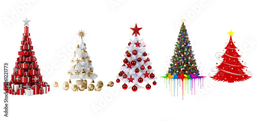 Five differently decorated christmas trees in a row