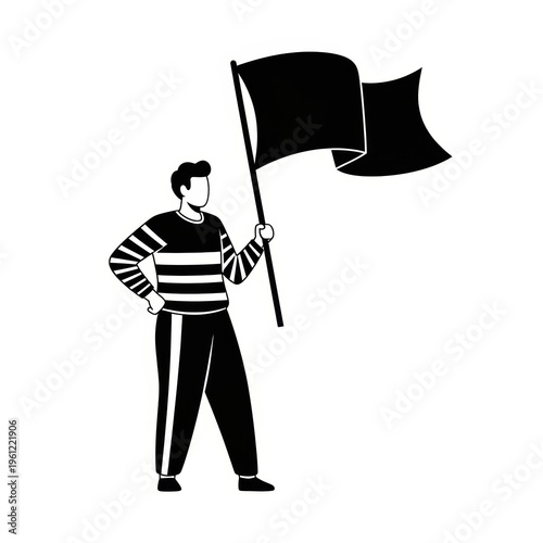 Protest, activism, demonstration concept, black and white illustration of a man holding a flag